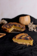 Healthy pumpkin pie with black background