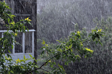 Heavy rain in the city, view from the window. Rainy cool summer in the Western Urals.