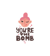 Vector illustration in flat style with text and girl face. Hand drawn lettering 