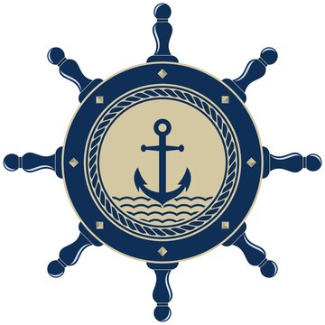 recommend clip art: Nautisches Steuerrad mit Anker und Seil in marine blau und beige als Vektorauf einem isolierten weißen Hintergrund.