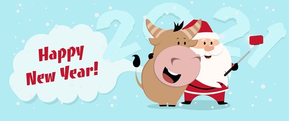Happy chinese new year 2021 version. Zodiac of ox cartoon character traditional. New year 2021 cards. New year 2021 of the ox. calf takes a selfie with Santa