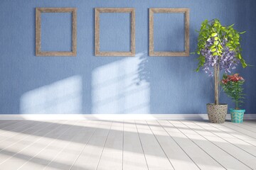 modern empty room with blue wall with frames and plants in pots