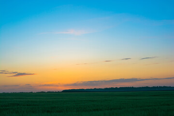 Sunset sunrise over field or meadow. Bright dramatic sky and dark ground.