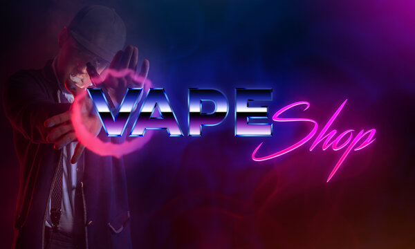 VAPE Shop inscription on a lilac background. Vaper blows out a smoke ring and points to the label VAPE shop. Sales of electronic cigarettes and accessories. Gadgets for Smoking.