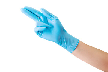 Doctor's hand in sterile medical gloves pointing up isolated on white