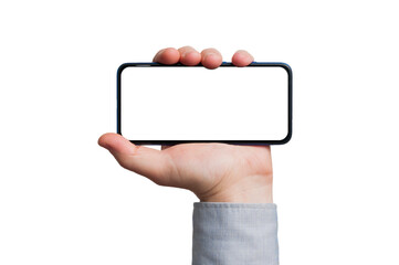Man in blue shirt hold a blank screen smartphone horizontal on white background