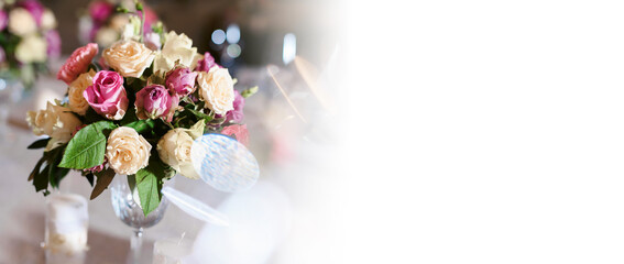 Wedding flower arrangements and decorations. Empty copyspace with white background and space for text. Holiday accessories and backgrounds