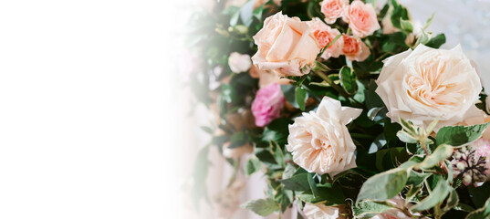 Wedding flower arrangements and decorations. Empty copyspace with white background and space for text. Holiday accessories and backgrounds