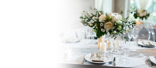 Wedding flower arrangements and decorations. Empty copyspace with white background and space for text. Holiday accessories and backgrounds