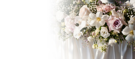 Wedding flower arrangements and decorations. Empty copyspace with white background and space for text. Holiday accessories and backgrounds