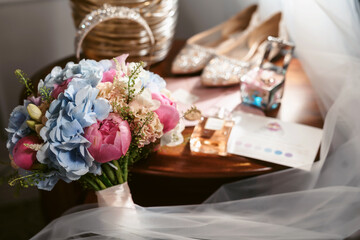 Bridal bouquet on the wedding day. Copy space for text. Floral decorations and backgrounds for holiday cards and invitations.