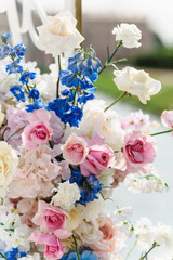 Wedding flower arrangement and decoration. Empty copyspace and space for text. Holiday accessories and backgrounds