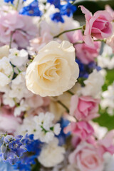 Wedding flower arrangement and decoration. Empty copyspace and space for text. Holiday accessories and backgrounds