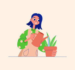 Fototapeta na wymiar Girl watering and carrying about plant. Flat, line, vector illustration, character