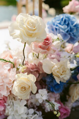 Wedding flower arrangement and decoration. Empty copyspace and space for text. Holiday accessories and backgrounds