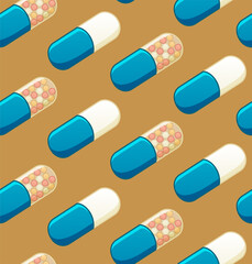 Flat style oval capsule pills seamless pattern on mustard background