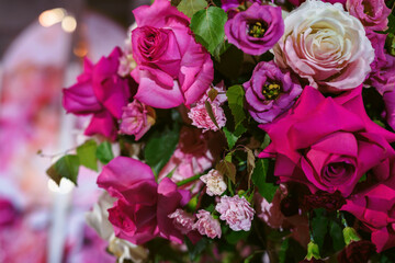 Wedding flower arrangement and decoration. Empty copyspace and space for text. Holiday accessories and backgrounds