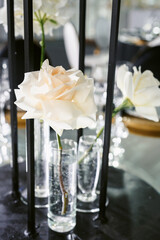 Wedding flower arrangement and decoration. Empty copyspace and space for text. Holiday accessories and backgrounds