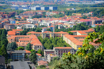 Obraz premium Bergamo,italy, 10/08/2019, view from above of the old and historical hospital of Bergamo (Ospedali Riuniti) and in the background the modern hospital Papa Giovanni XXXIII