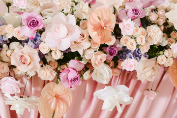 Wedding flower arrangement and decoration. Empty copyspace and space for text. Holiday accessories and backgrounds