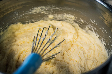Puree in a pan, inside a french restaurant.