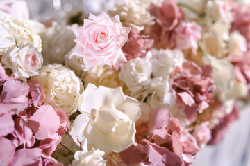 Wedding flower arrangement and decoration. Empty copyspace and space for text. Holiday accessories and backgrounds