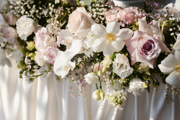 Wedding flower arrangement and decoration. Empty copyspace and space for text. Holiday accessories and backgrounds