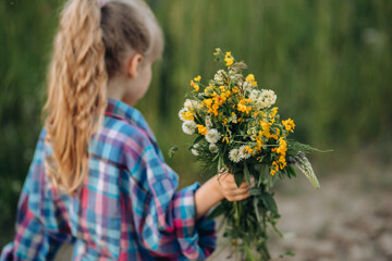 Little girl walking with bouquet of wildflowers, summer evening in countryside