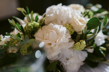 Wedding flower arrangement and decoration. Empty copyspace and space for text. Holiday accessories and backgrounds
