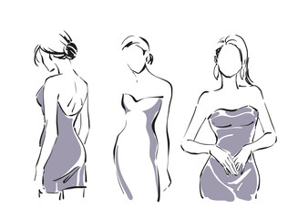 Set of Logos fashion illustration, contour figure of woman, line art, female outline sign