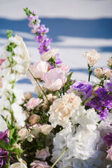 Wedding flower arrangement and decoration. Empty copyspace and space for text. Holiday accessories and backgrounds