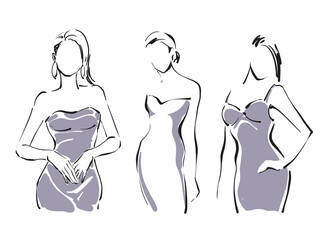 Set of Logos fashion illustration, contour figure of woman, line art, female outline sign