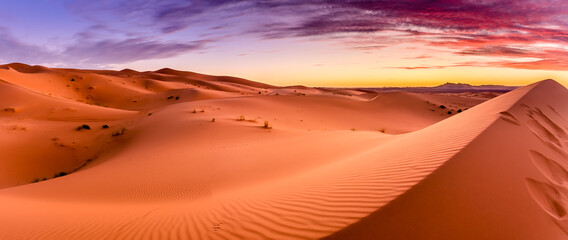 Dramtic and colorful sunrise at the Sahara desert:  Earth's Largest Hot Desert - obrazy, fototapety, plakaty