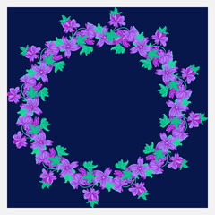 Floral round frame from gallant mallow wild flowers. Greeting card template. Design artwork for the poster, tee shirt, pillow, home decor. Summer garden flowers wreath.