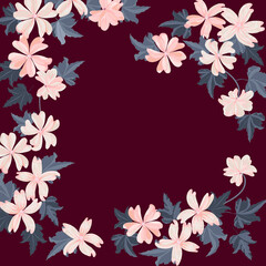 Frame from wild charming flowers. Greeting card template. Design artwork for the poster, invitation, calendars. Place for text.