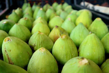 Row of vibrant green fresh ripe figs at the local market