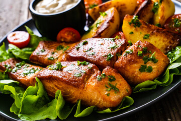 Fried salmon steak with potatoes and vegetables served on black plate on wooden table