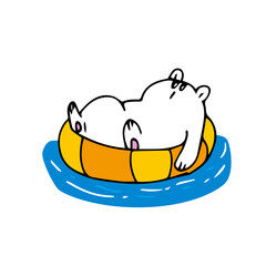 浮き輪で水面に浮かぶシロクマ