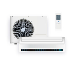 Fototapeta na wymiar Split system air conditioner inverter. Cool and cold climate control system. Realistic conditioning with remote controller. Vector illustration