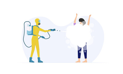 Prevention concept. Disinfection and cleaning. A man in chemical protection disinfects. Methods of controlling the epidemic of coronavirus. Vector illustration flat design. Cleaner in the hand.