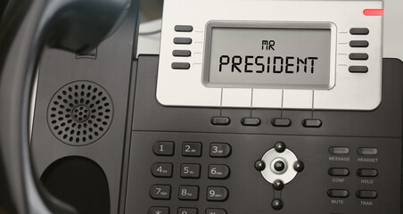 Close up IP Phone with text Mr.PRESIDENT. Office concept