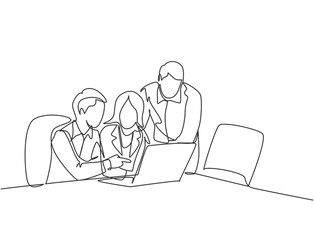 Single continuous line drawing of young business man and business woman discussing project learning data graph on laptop screen. Business meeting one line draw design graphic vector illustration