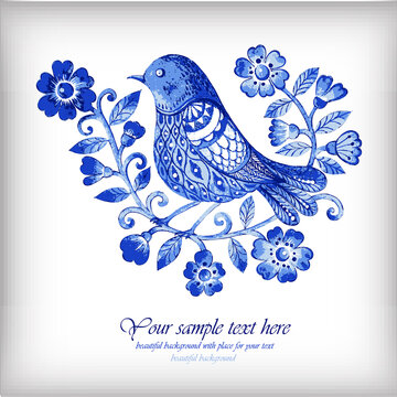 Watercolor background with blue flowers and birds