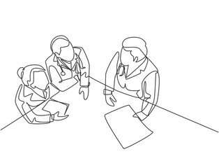 Single continuous line drawing of young male and female specialist doctor discussion about patient surgery plan. Medical healthcare service concept one line draw design graphic vector illustration
