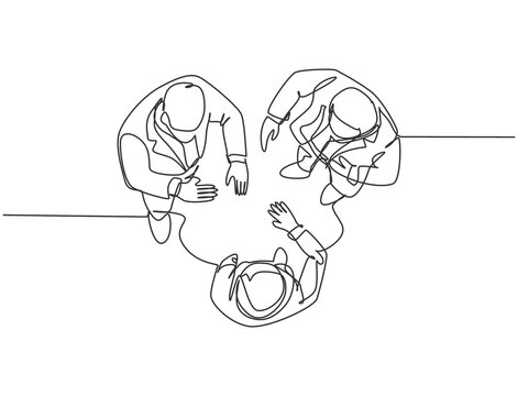 Single continuous line drawing of young businessmen chatting on business conference event from top view. Business discussion at office concept. Trendy one line graphic draw design vector illustration
