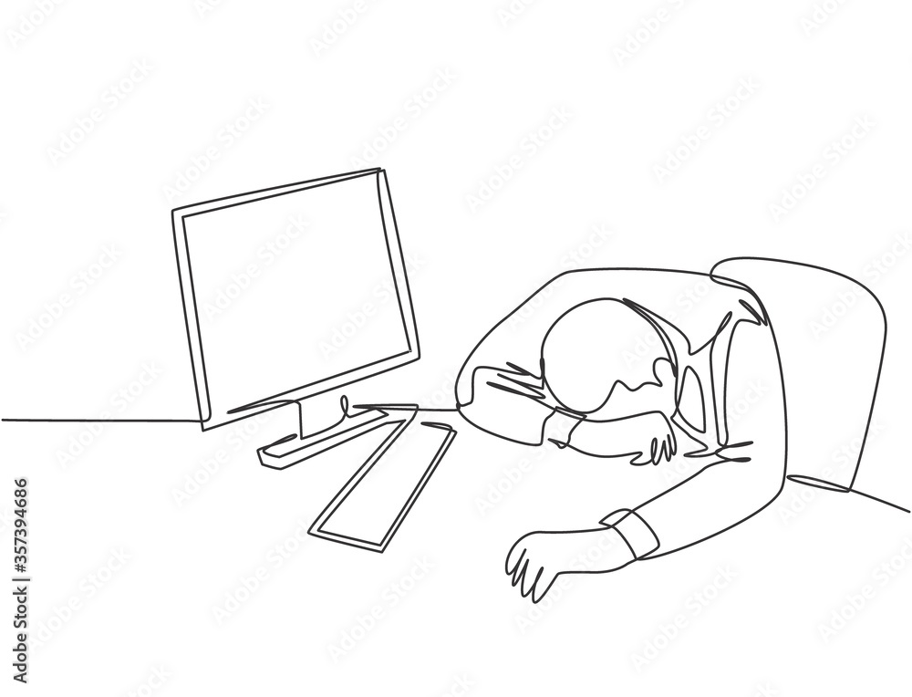 Poster one single line drawing of young tired male employee sleeping on the work desk with computer. work o