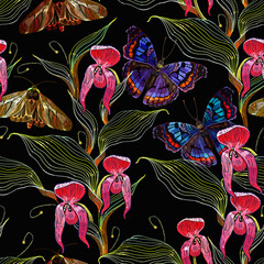 Snap dragon pink flowers and tropical butterflies. Fashion template for clothes, textiles, t-shirt design. Floral seamless pattern. Summer garden art. Embroidery. Line style