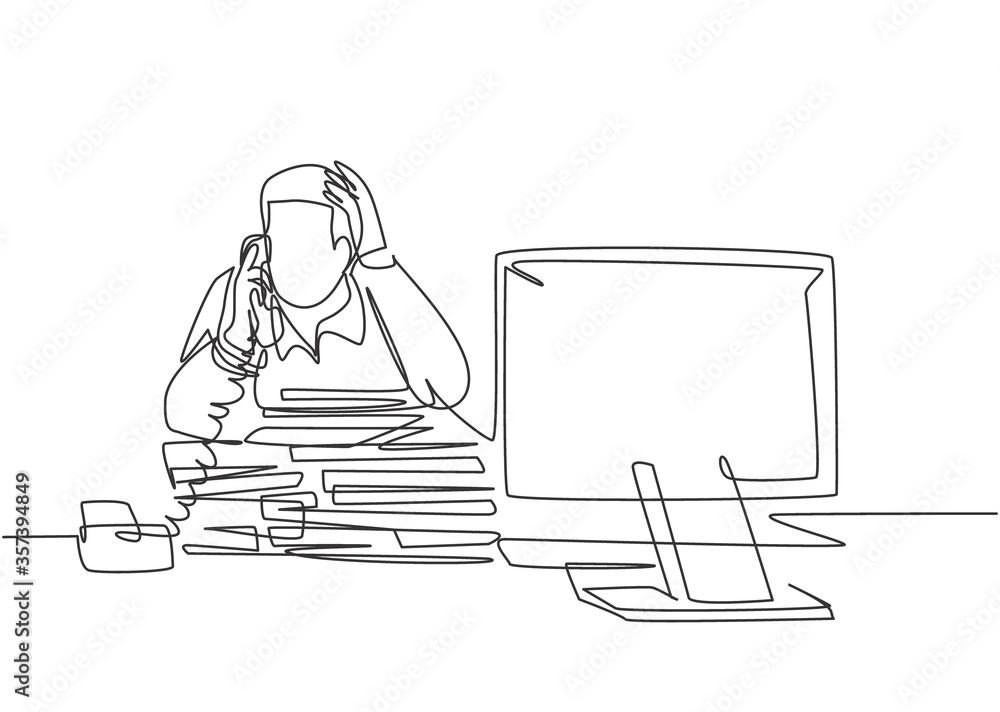 Poster single continuous line drawing of young bored male worker receiving phone call from customer behind 
