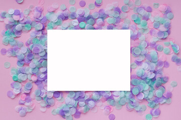 Colorful celebration background with confetti. Place for text.Top view flat lay. Festive holiday bright background.