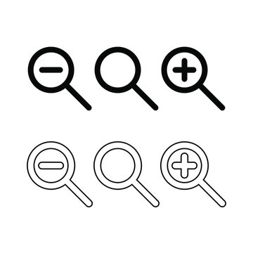 Zoom in, zoom out and search icon set magnifying glass black isolated vector illustration view resize buttons for app or web UI